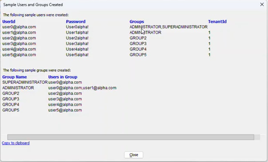 A list of sample users and groups generated by the genie